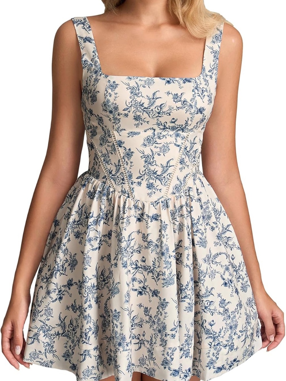 Floral Corset Square-Neck Mini Dress in Cream and Blue